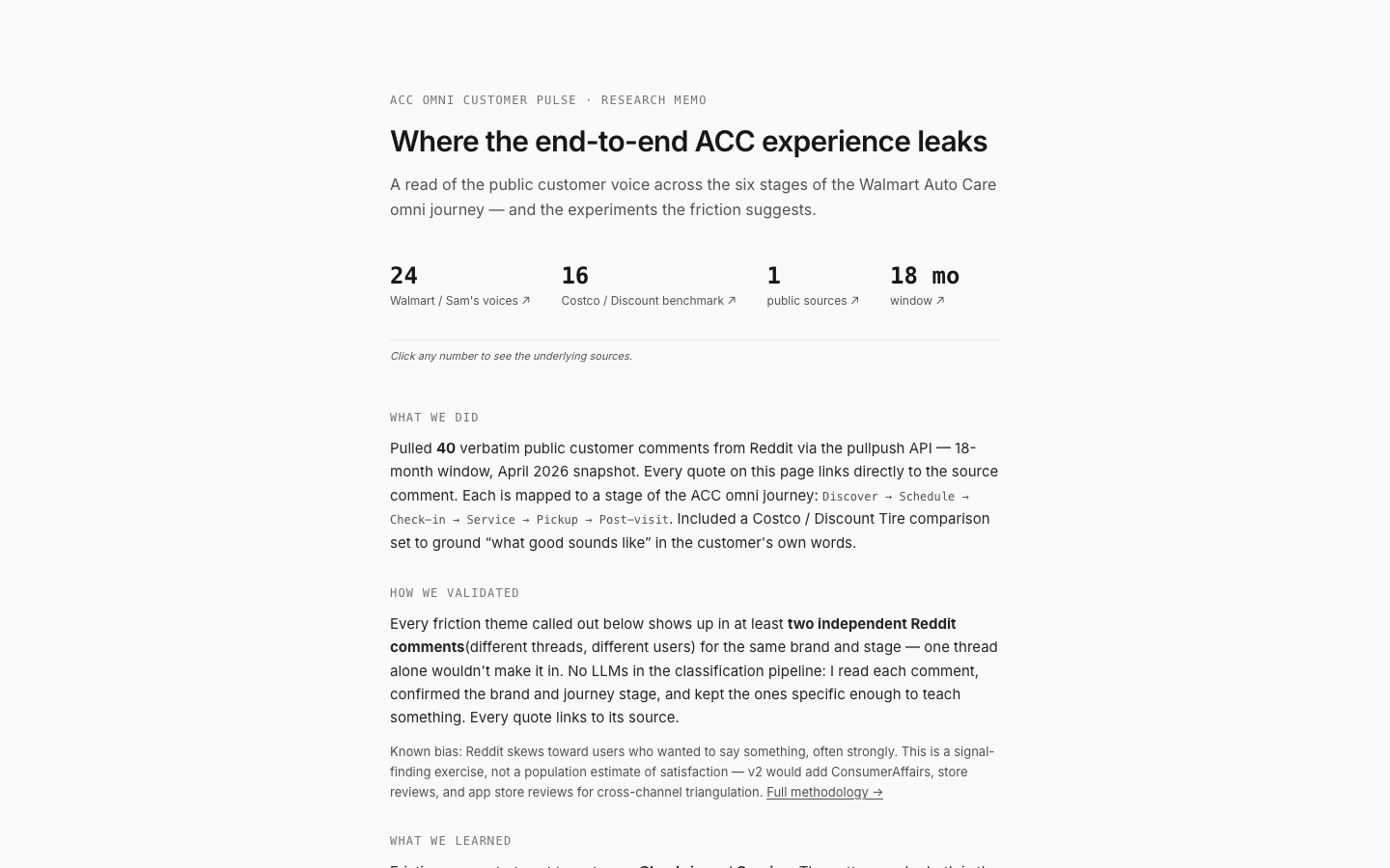Research memo hero: where the end-to-end ACC experience leaks, from public customer voice.