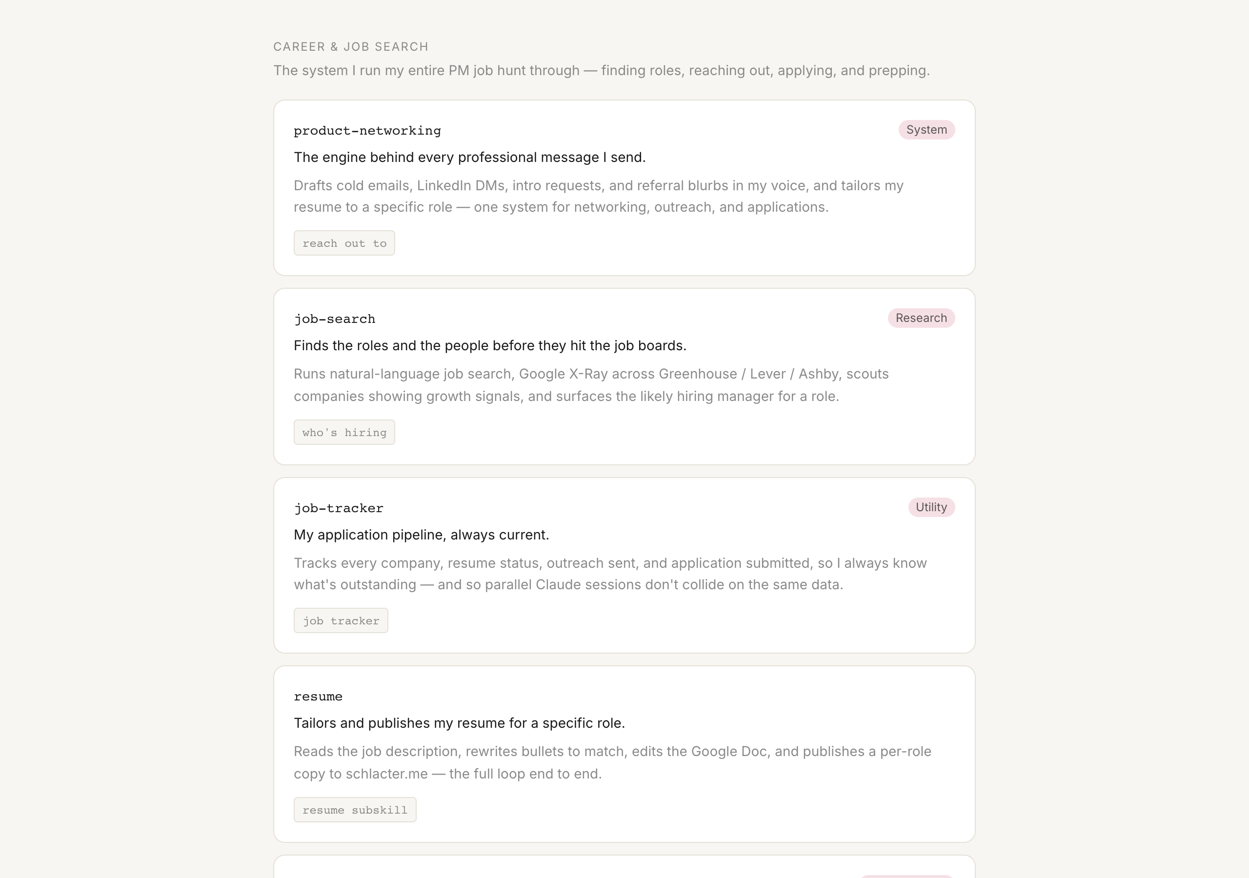 Career & job search — the whole system I run my PM job hunt through, from finding roles to prepping interviews.