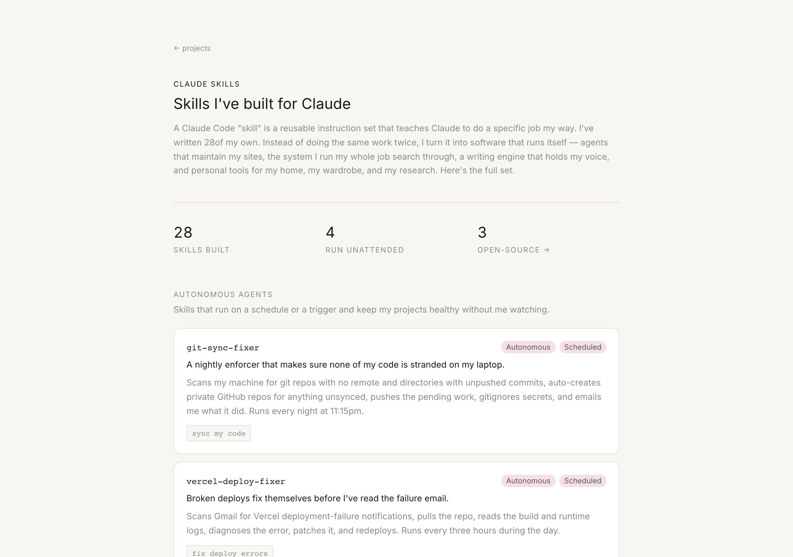 The skills page: 28 skills I've built, grouped into autonomous agents, career, home & life, writing, code, utilities, and reflection.