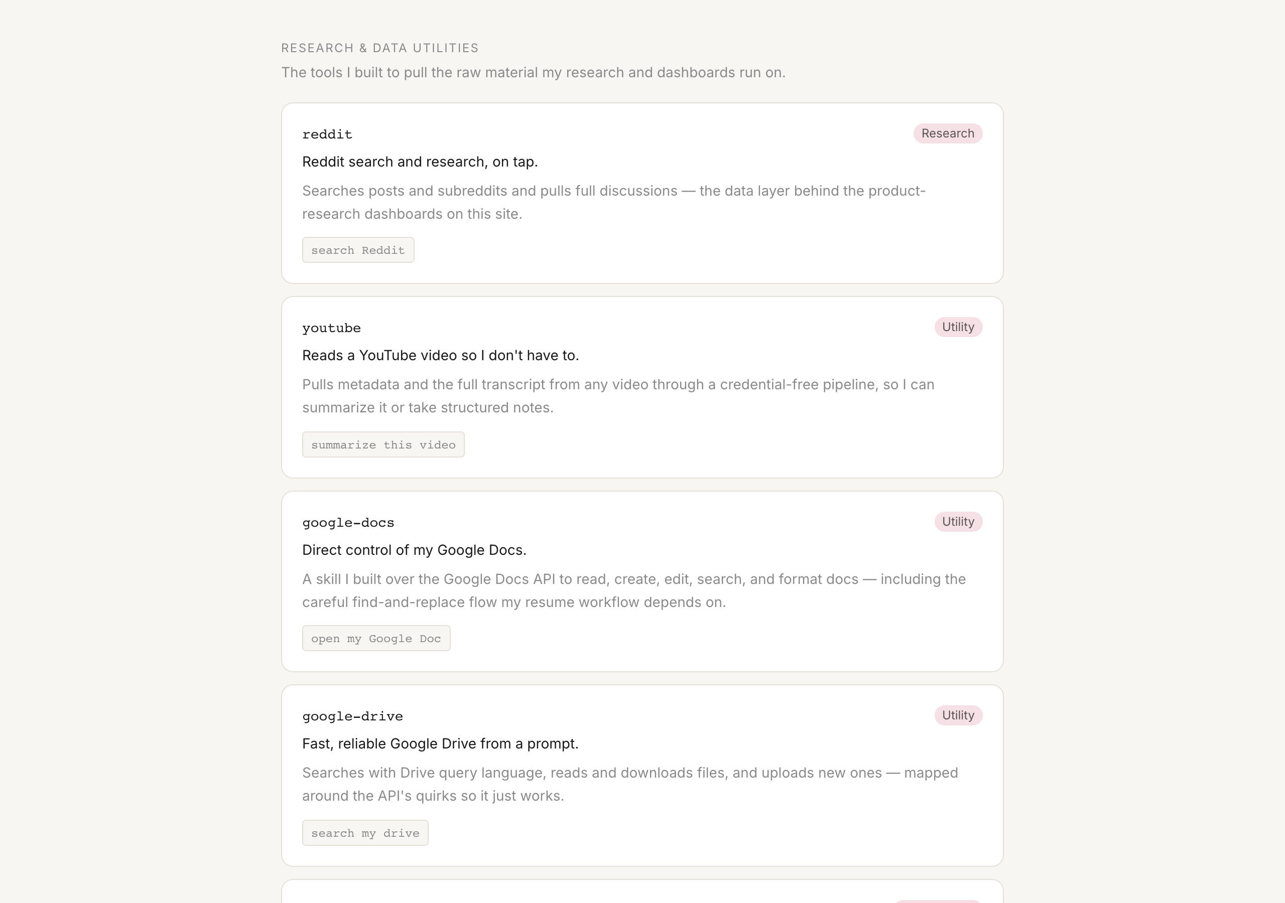 Research & data utilities — the Reddit, YouTube, Docs, and Drive tools I built to feed my research and dashboards.
