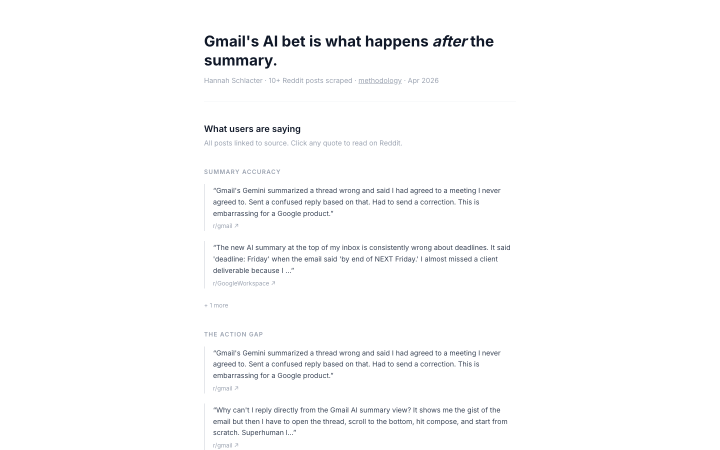 Dashboard hero: three working hypotheses — Accuracy, Action Gap, Voice.