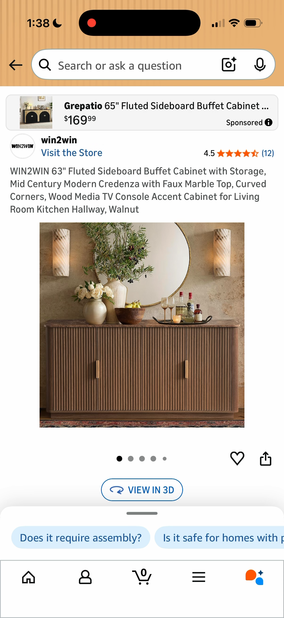 Amazon product page for a fluted sideboard — one tap to save