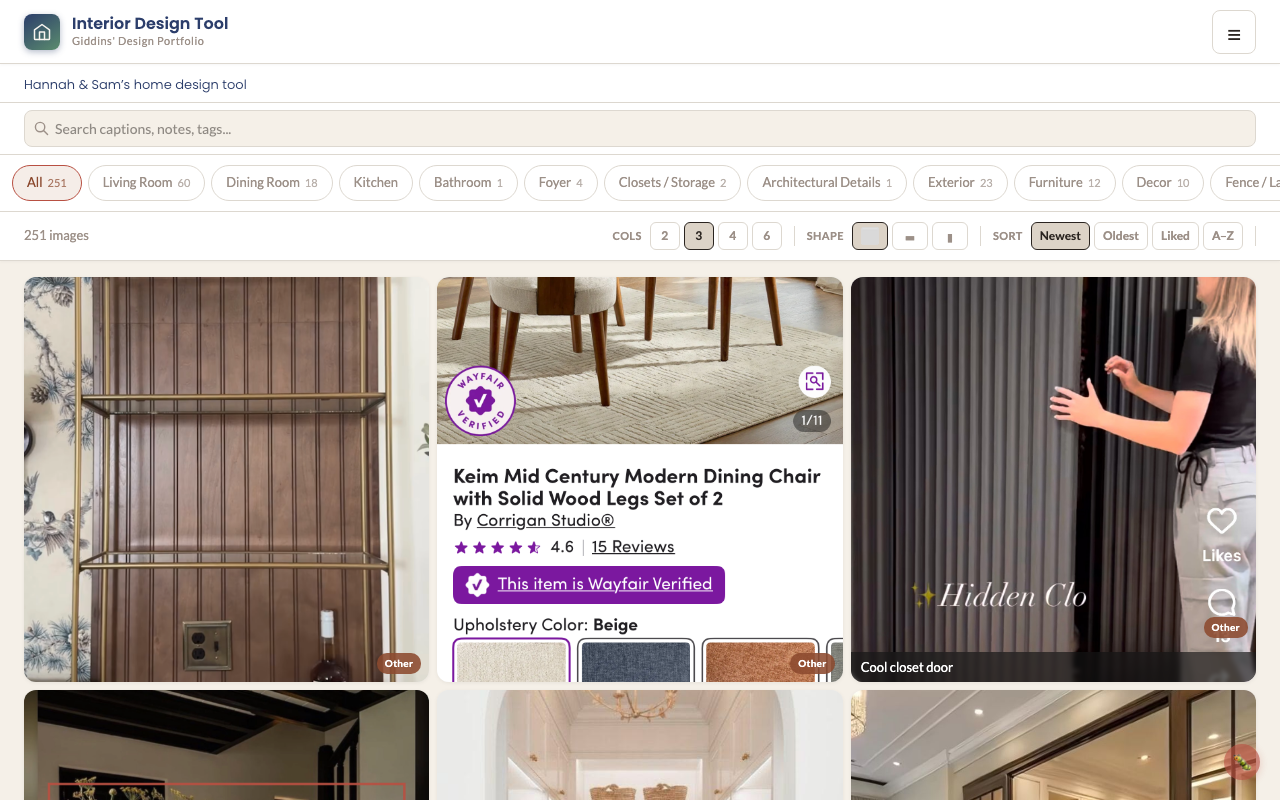 Gallery: 251 images with tag filter strip, search, and layout controls