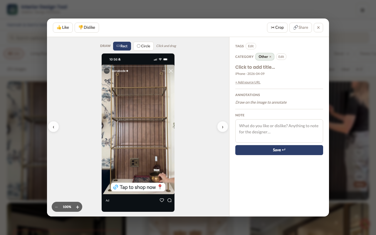 Image detail: draw annotations, assign category tags, and add notes
