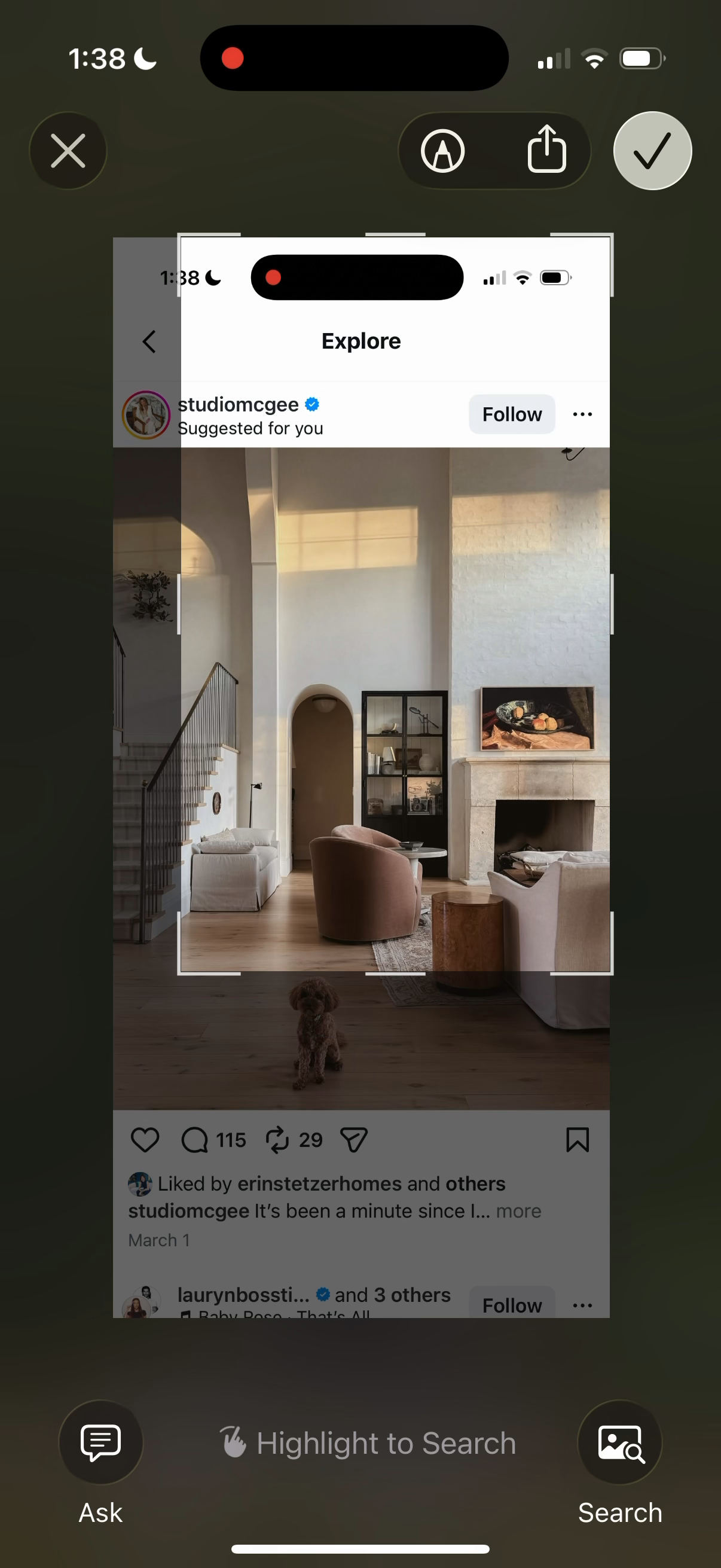 Selecting a Studio McGee post from Instagram to save
