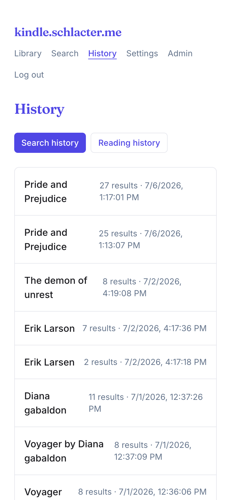 Search history: every query, how many results it returned, and when.