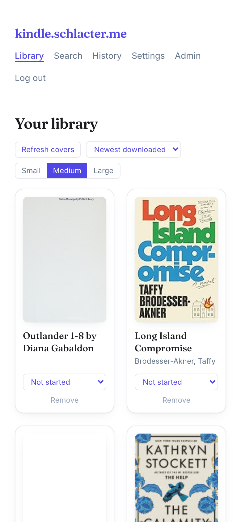 Your library: every book you've sent, with cover art and a reading-status tracker.