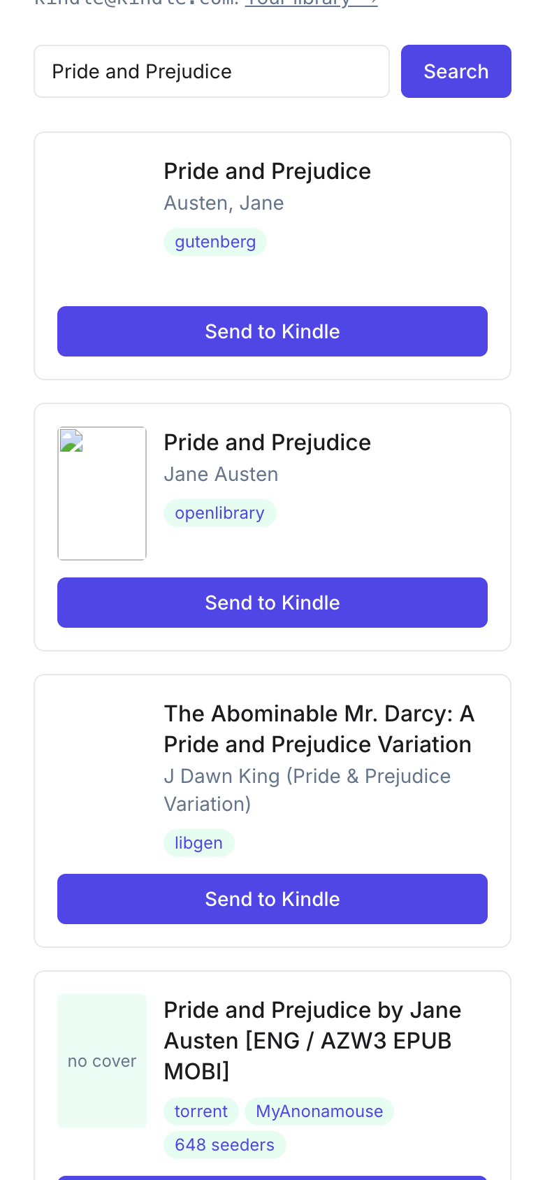 One search fans out across every source — Standard Ebooks, Gutenberg, Open Library, LibGen, and a self-hosted torrent bridge — each result tagged with its source and, for torrents, its seeder count.