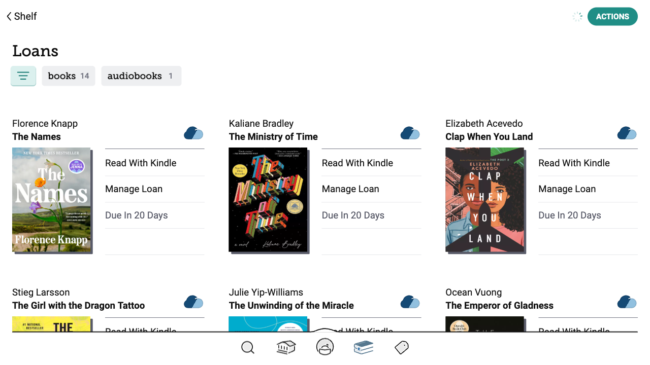 The source: Libby showing 14 real library loans the automation watches for Kindle-compatible availability