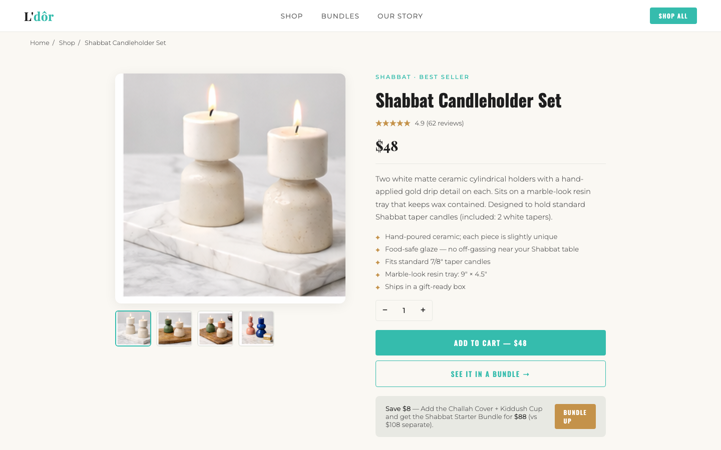 Shabbat Candleholder Set PDP — $48 anchor product, warm editorial photography