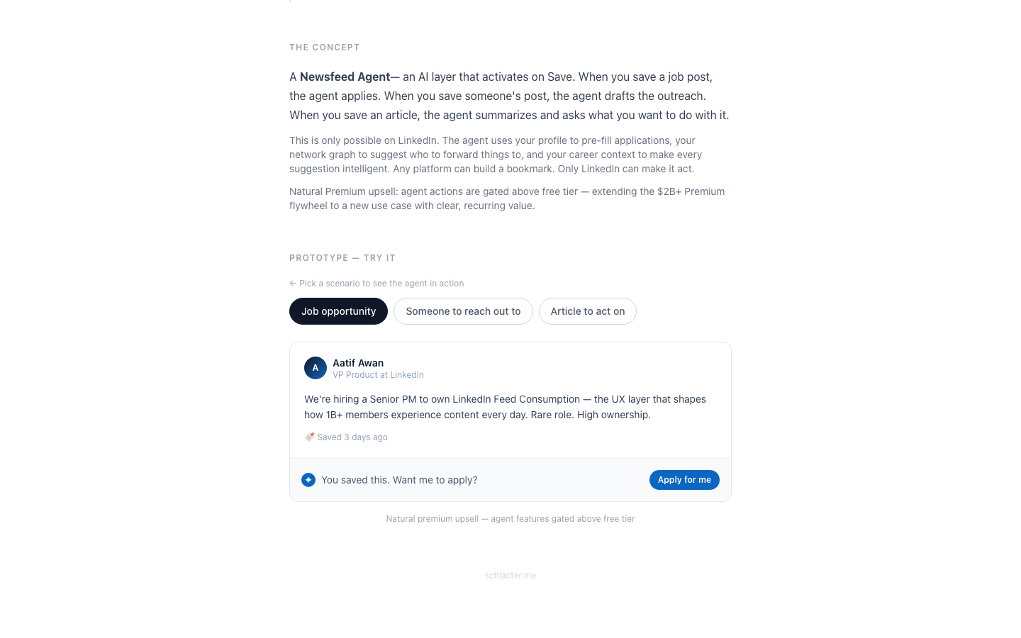The prototype: pick a scenario — Job opportunity, Someone to reach out to, Article to act on — and the Newsfeed Agent drafts the completed action.