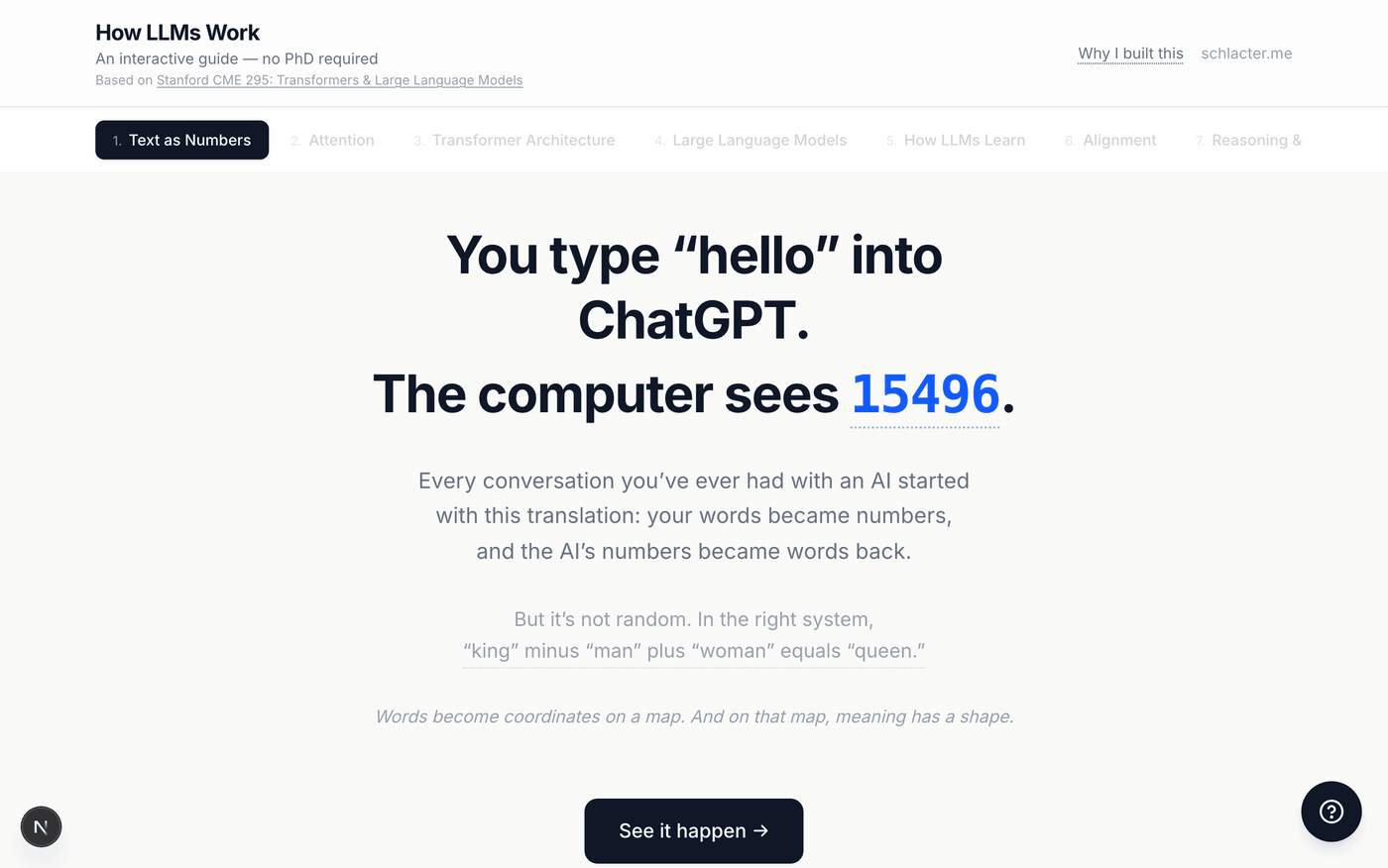 The Text-as-Numbers playground: sentence → tokens → IDs → embeddings in meaning space